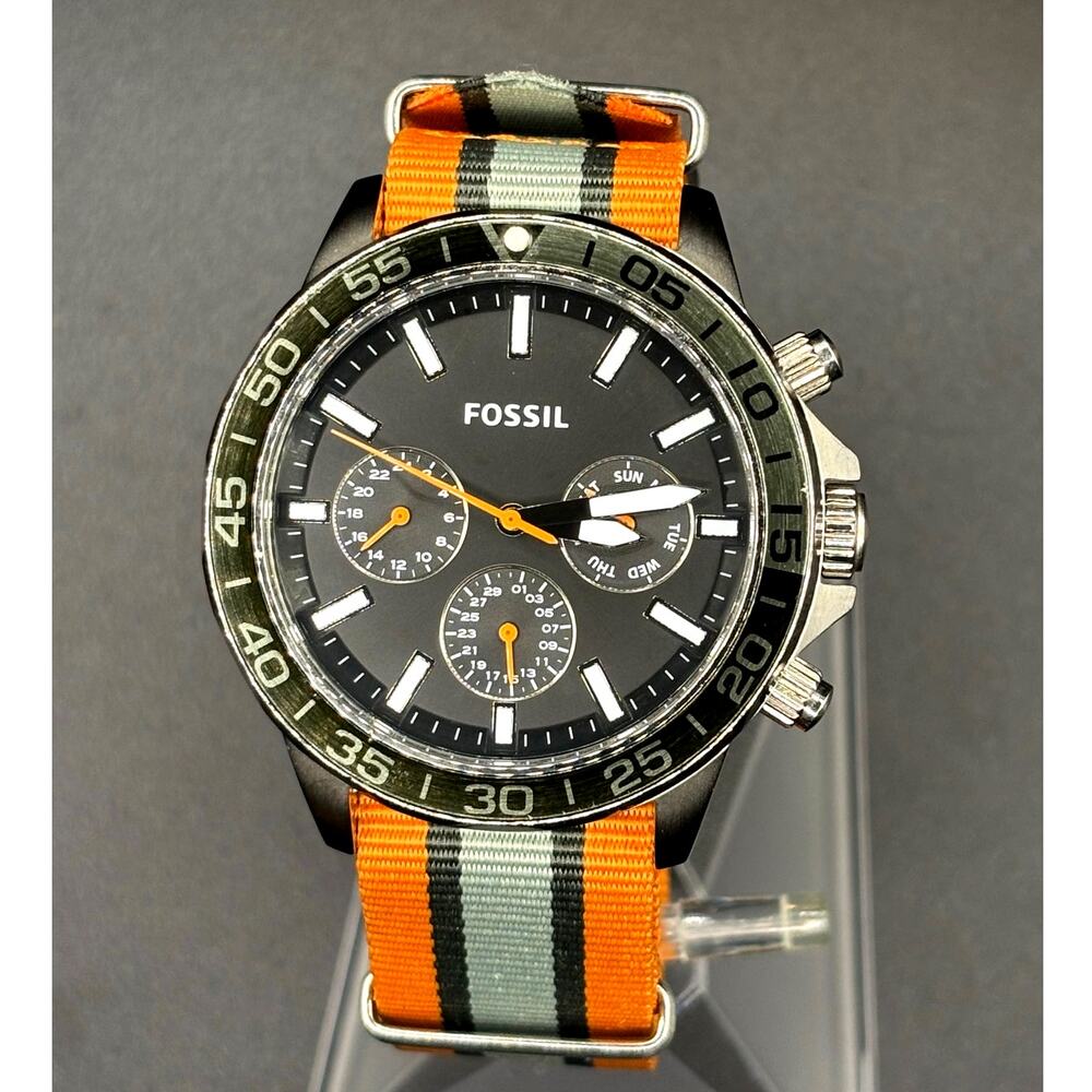 Fossil Bannon BQ2677 Multifunction Black Dial Orange Green Nylon Mens Watch 45mm